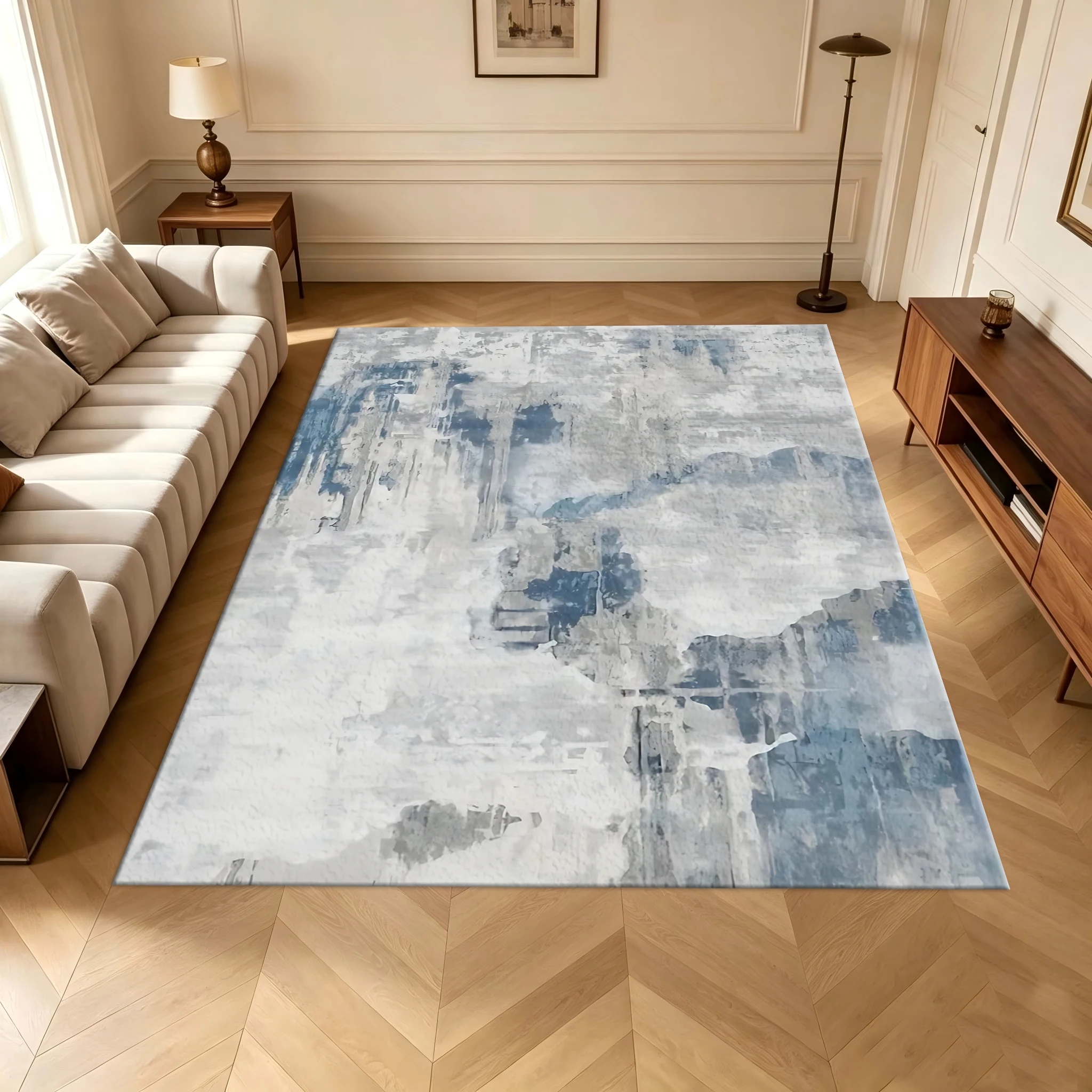 Blue Grey Abstract Texture Carpet Flooring Vintage Art Style Living Room Bedroom Area Rug