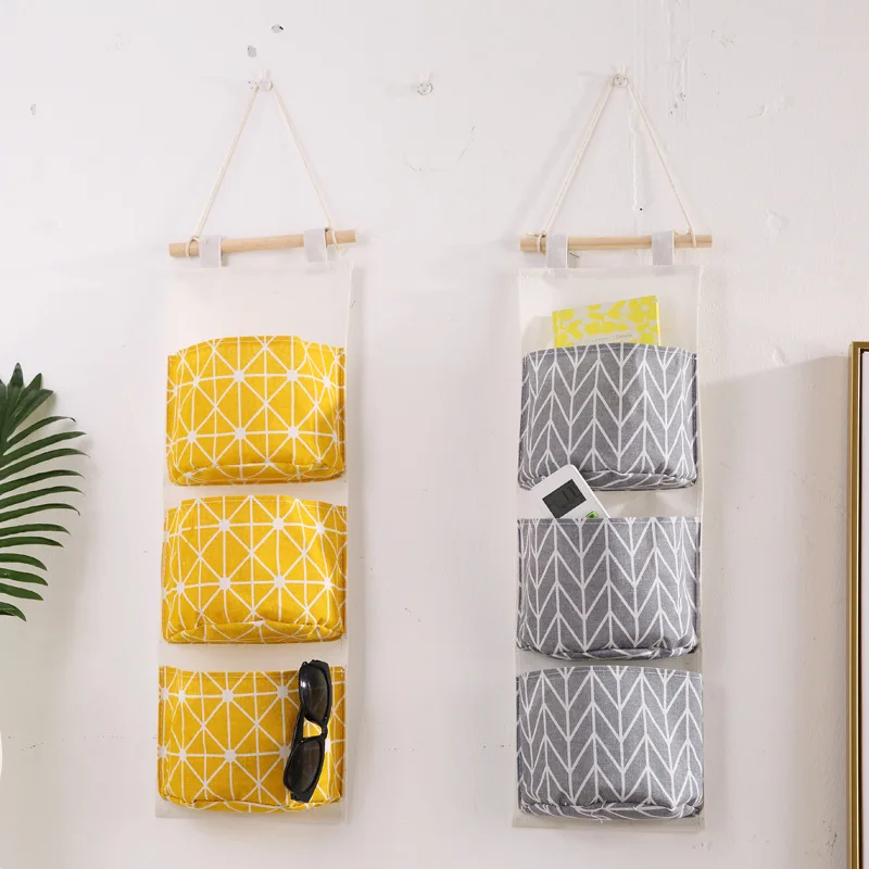 1pc Creative Cotton Linen Storage Hanging Bag 3 Layers Hanging Pockets Fabric Behind Door Sundry Storage Bag Organizer Organizer