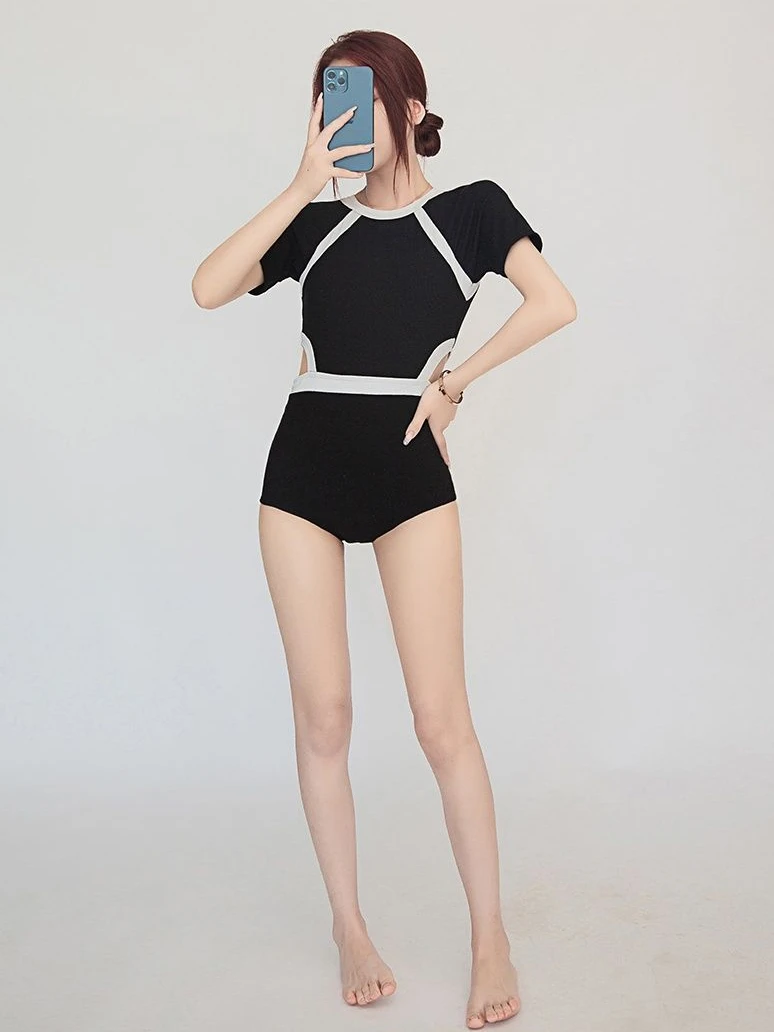 Cover-ups Women One-piece Short Sleeve Conservative Swimwear Students Simple Summer Beach Bath Girlish Korean Style Classic BF
