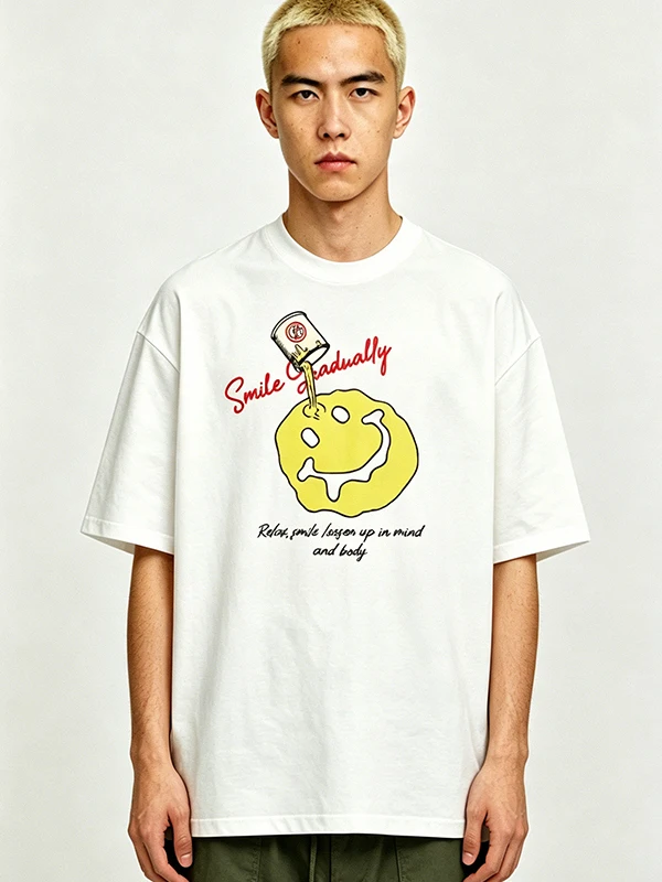 Smile Adually American Retro Heavyweight Cotton Loose Couple T-Shirt Digital Print Shoulder Sleeve round Neck Short Sleeve Ca...