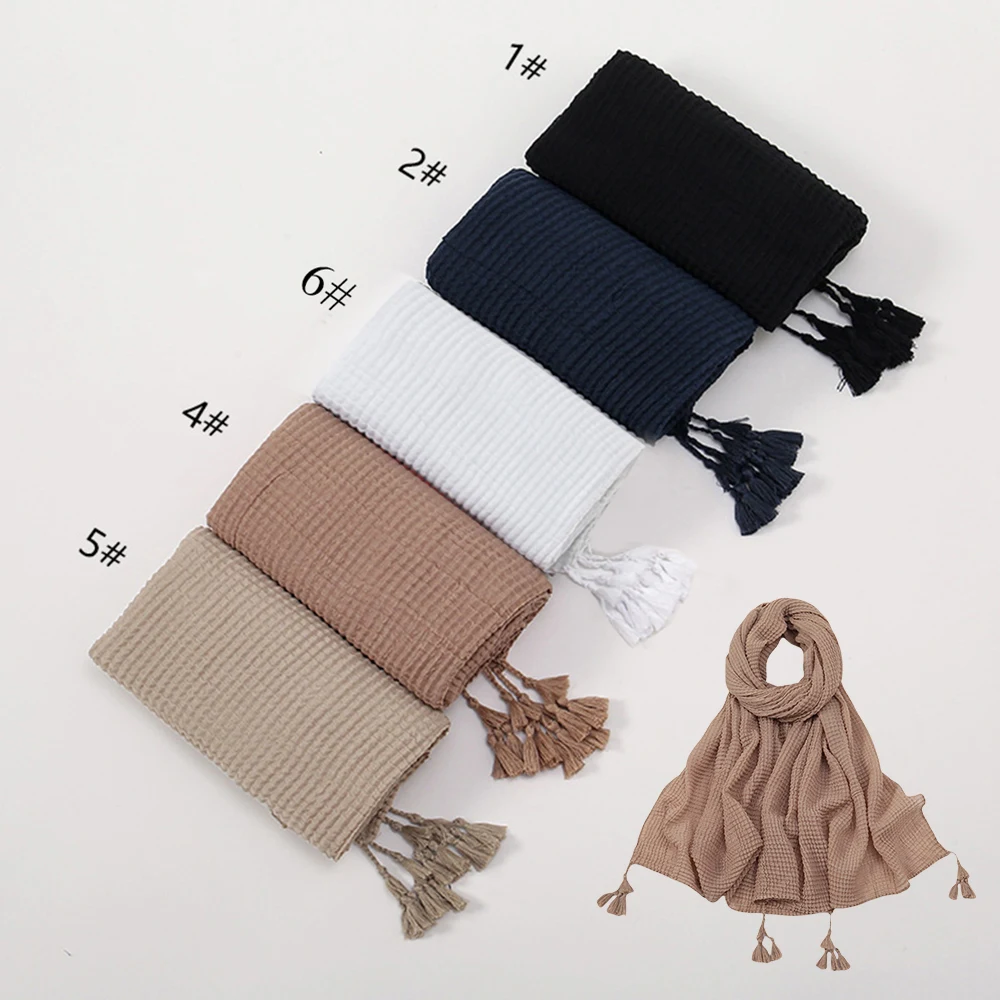 

Crinkle Pleated Cotton Scarf Women'S Muslim Hijabs Solid Color Tassels Long Shawls Headscarf Head Wraps Scarves 180*70Cm