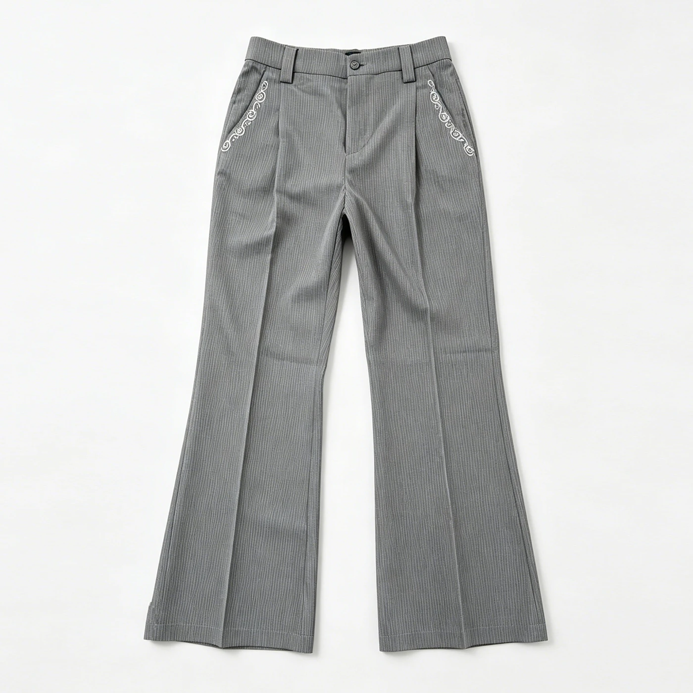 Retro Gray Pinstripe Wide Leg Dress Pants Unisex Rhinestone Embellished Pleating Flare Trousers Streetwear Baggy Casual Slacks