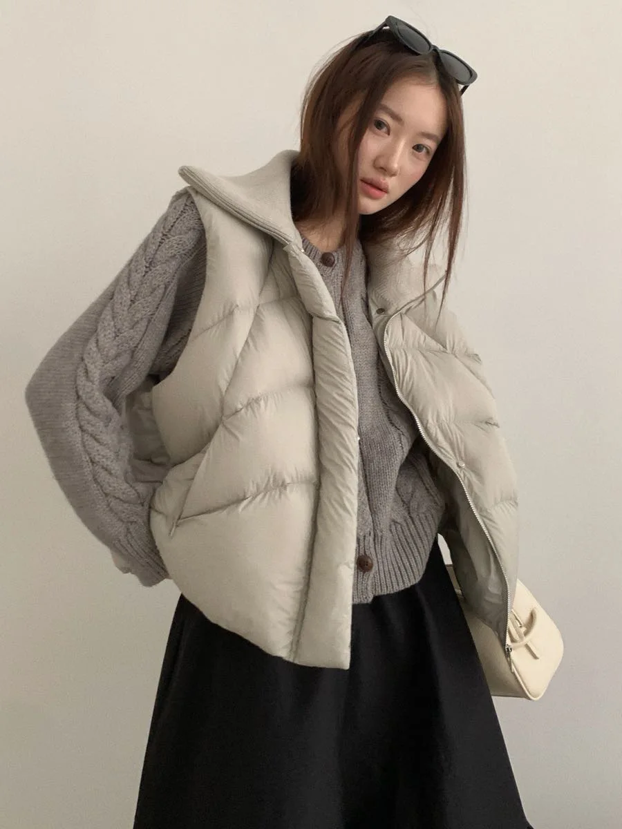 

Autumn Winter Lapel Knit Splice Down Vest Women White Duck Down Fluffy Quilted Vest Female Sleeveless Zipper Puff Waistcoat Tops