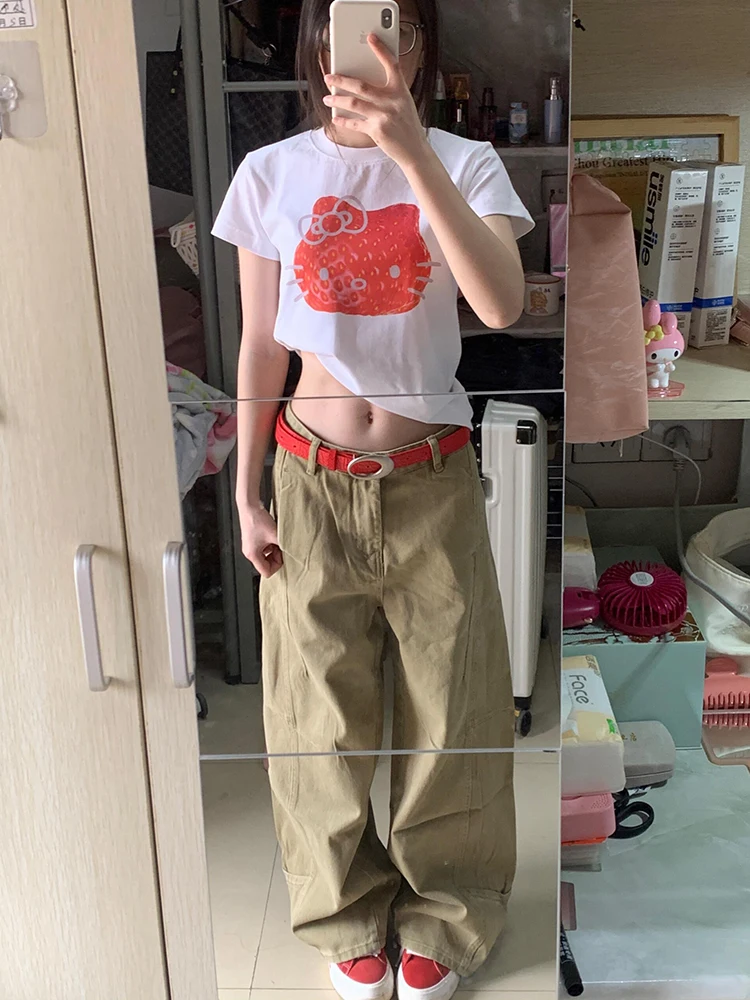 

Khaki Wide Leg Jeans Women's Summer Loose Feel American Retro Drapey Pants Straight Design Casual High Waist Long Trousers