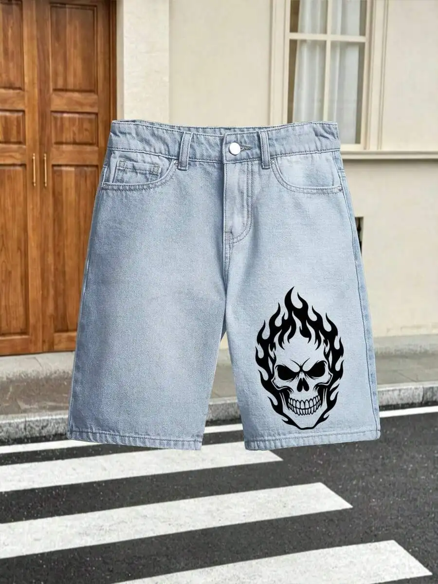 

Light Wash Denim Shorts With Black Flame Skull Print, Straight Cut Five Inch Summer Streetwear Pants