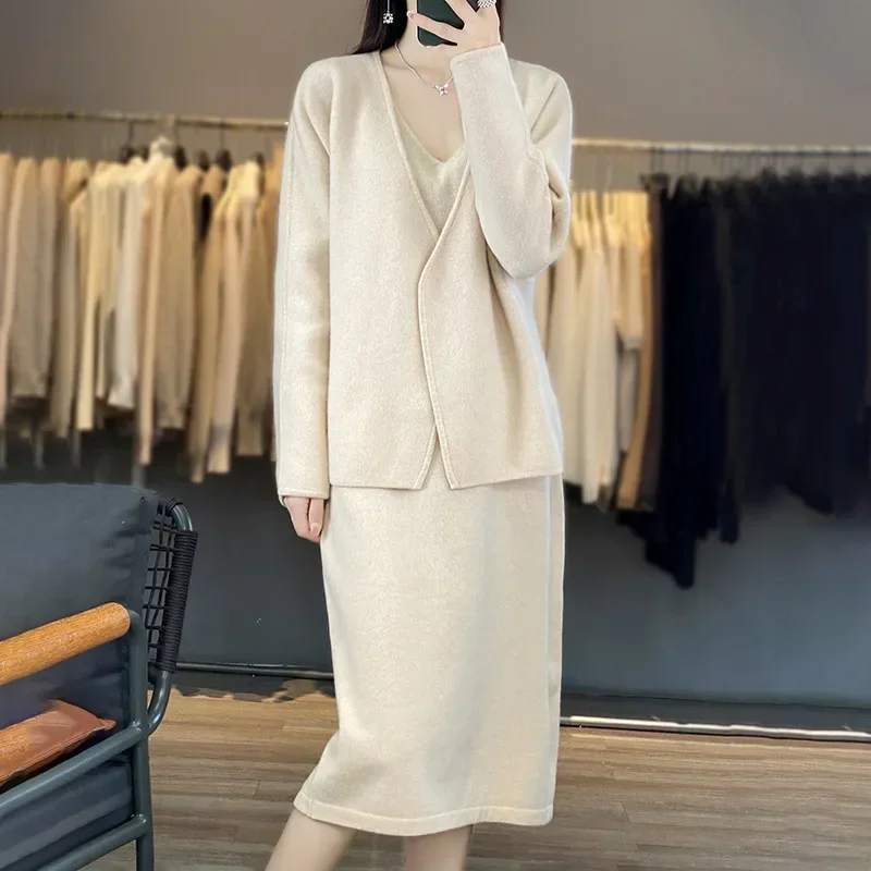 Women's Casual Woolen Dress Two-piece Set Autumn and Winter New Loose Casual Camisole Skirt Knitted Cardigan Set for Women