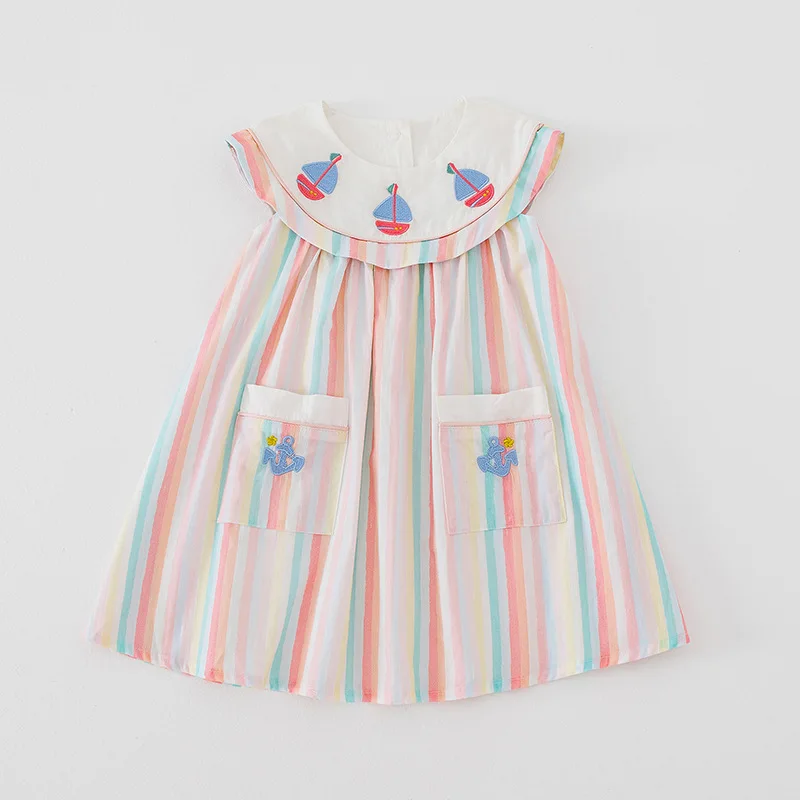 Girls Casual Dresses Sailing Embroidery Stripe Printing O-neck Party Dress Kids 2 To 7 Years Chinese Traditional Dress for Girls