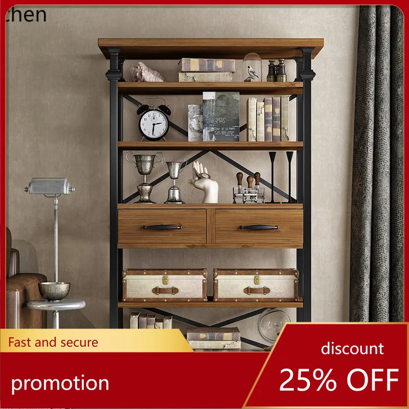 ZML Solid Wood Storage Rack Home Wall-Mounted Multi-Layer Iron Art Bookshelf Office with Drawers Floor Bookshelf