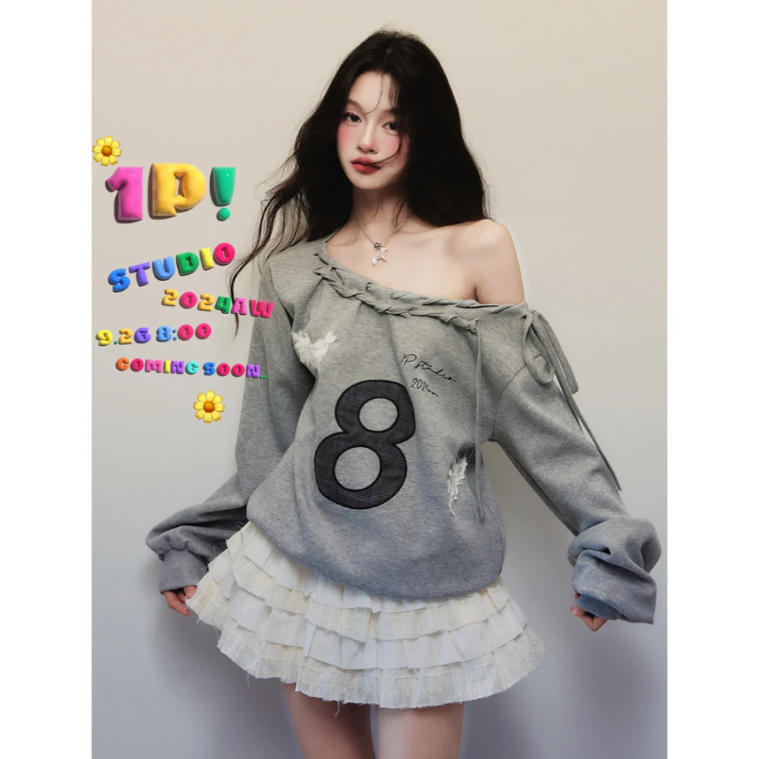Y2k Sport Oversized One-Shoulder Sweatshirt Tops Damen Schnür-Pullover Sweatshirt Frühling Herbst Hellgrauer Hoodie Oberbekleidung Jacke – Detail 1