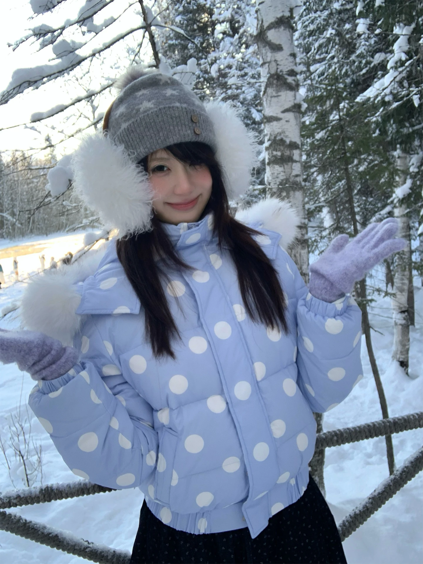 

moreeep Blue Purple Large Polka Dot down Jaet Beautiful Casual Sle Removable Hood 90% down Long Sve Warm