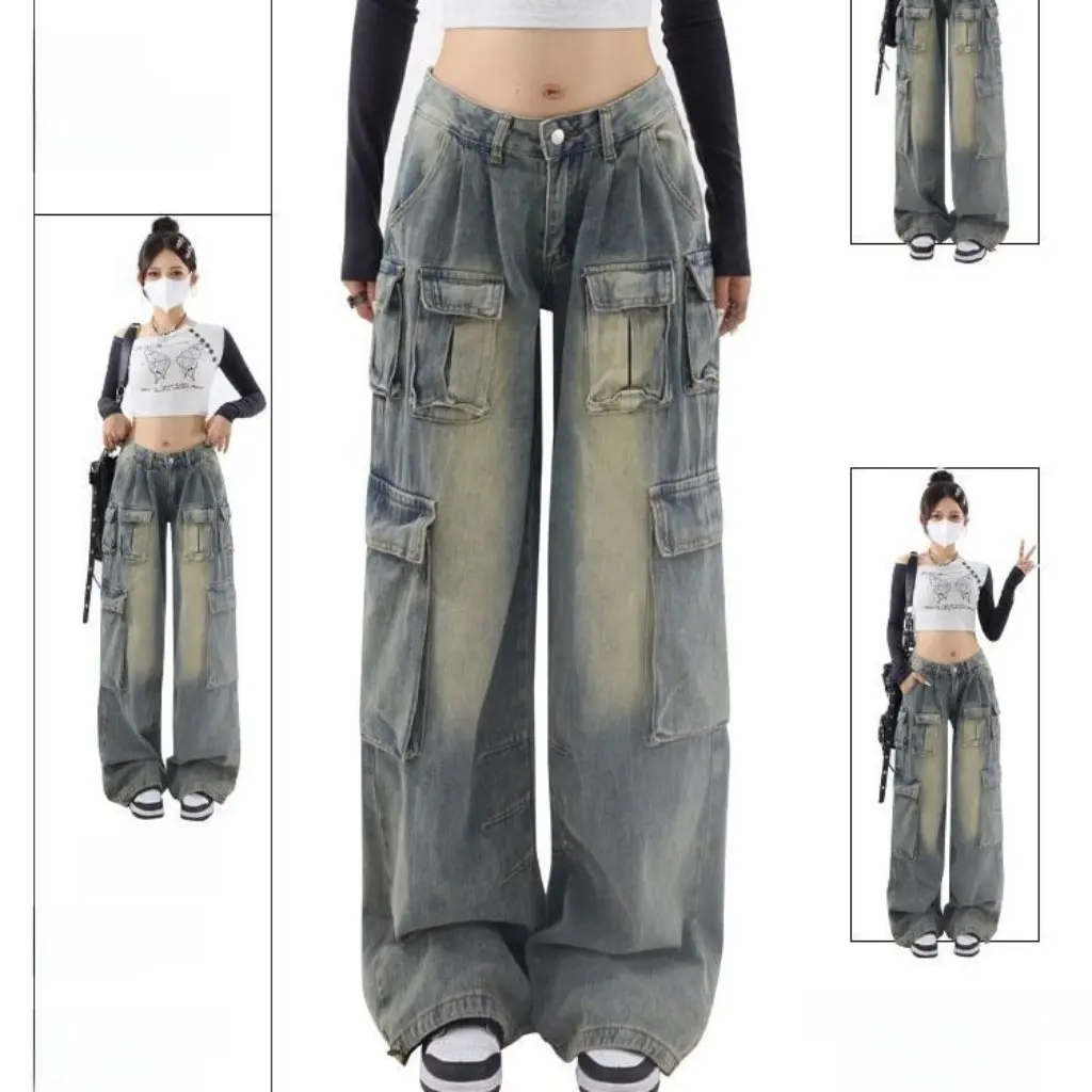 European And American Style Medium Low Waist Wide Leg Mop Pants for Women Multi-Pocket Loose Fit Workwear Jeans