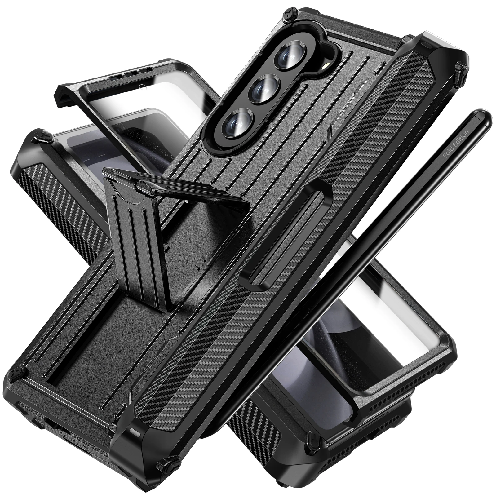 

with S Pen Slot For Samsung Galaxy Z Fold 6 5 4 3 Case Hinge Armor Rugged Shockproof Kickstand 360 Full Protector Phone Cover