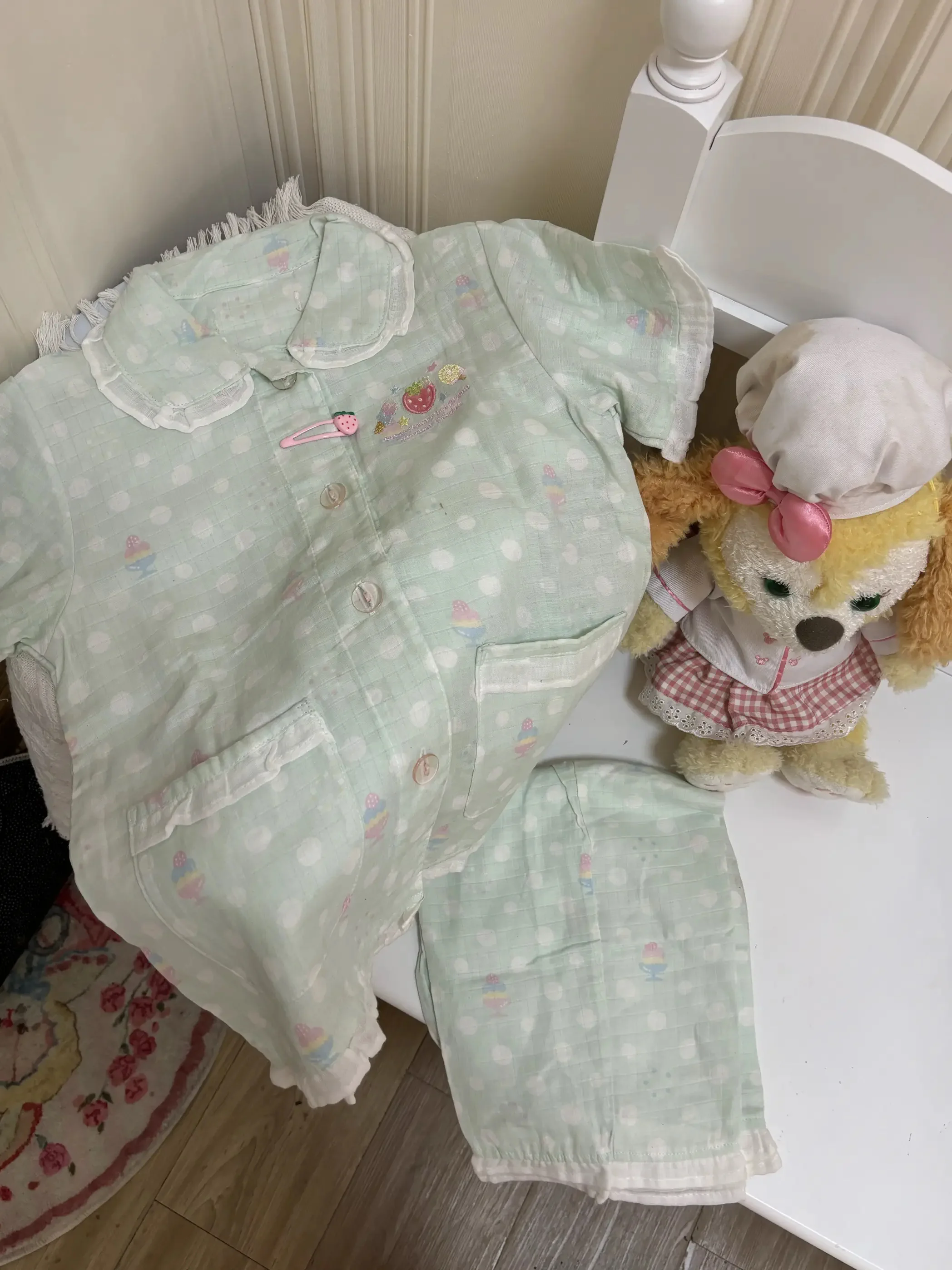Japanese Original Strawberry Print Green Polka Dot Loungewear Sweet Cute Girls  Short-sleeved Trousers Pajamas Two-piece Set