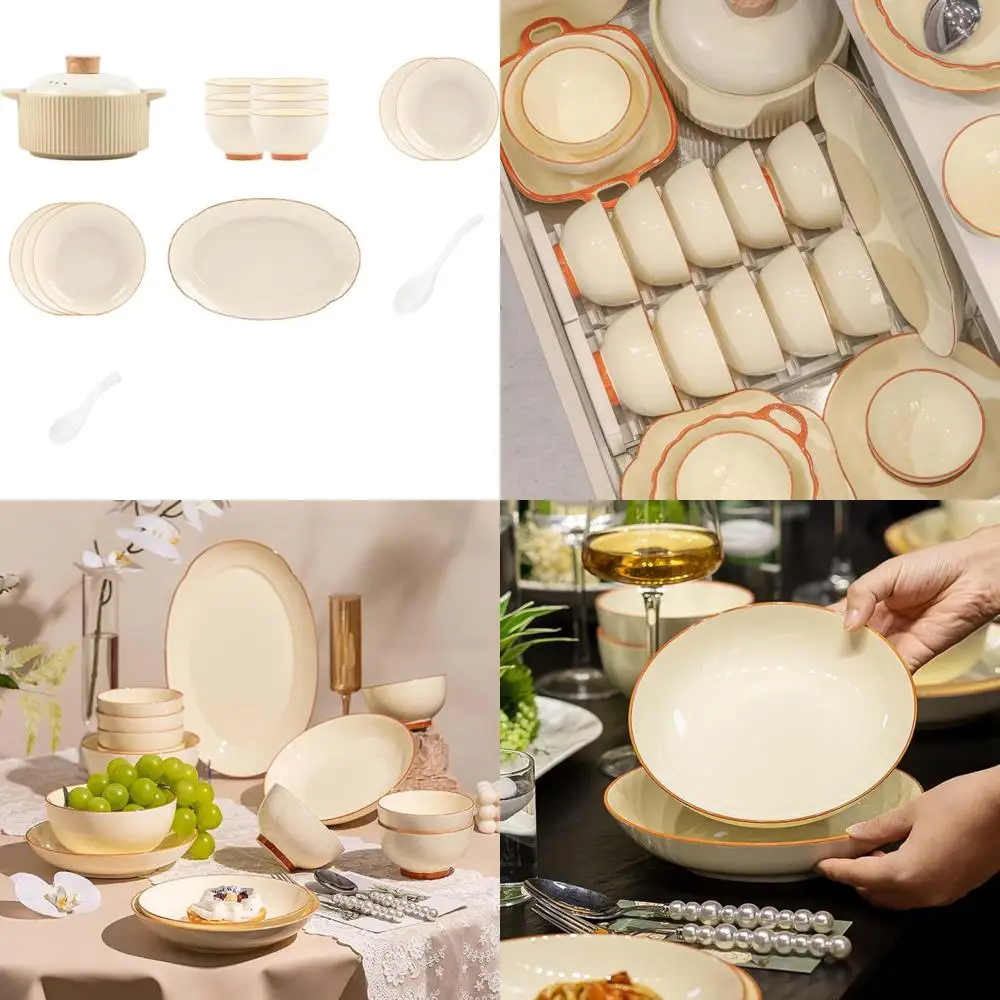 

Стильный минималистичный керамический набор посуды с мисками, тарелками и ложками — идеальный подарок на новоселье для домашнего использования, высокая эстетика