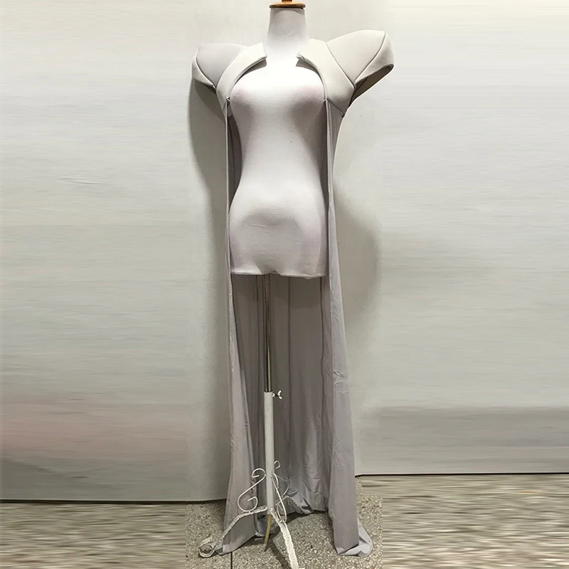 اسحب الملكة المرحلة زي منصات الكتف عباءة طويلة رمادي ملهى ليلي بار جوجو الرقص الهذيان الملابس المغني Ds الأداء الزي 3453