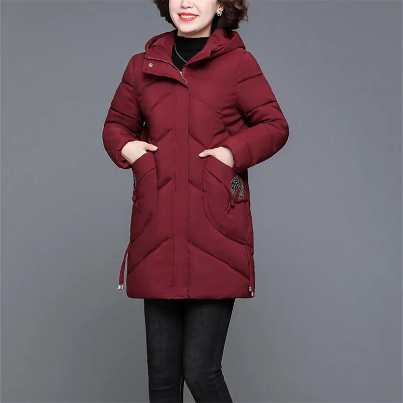 

Women's Winter Jacket Pop Solid Color Hooded Embroidered Zipper Thickened Mid Length Coat Simple Loose Female Clothing ZM603