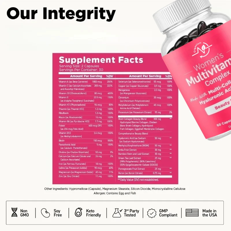 

Женский мультивитаминный комплекс, 60 капсул с коллагеновым белком, гиалуроновой кислотой и МСМ, косметическая добавка для кожи, волос, ногтей, здоровья