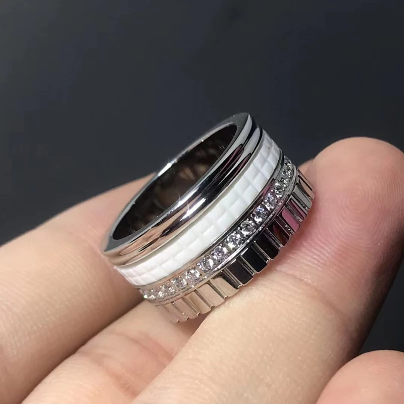 Top Quality Multiple Color Tear Ring Black White Ceramics CZ Circle Wide Style Stainless Steel Ring For Women Men Brand Jewelry