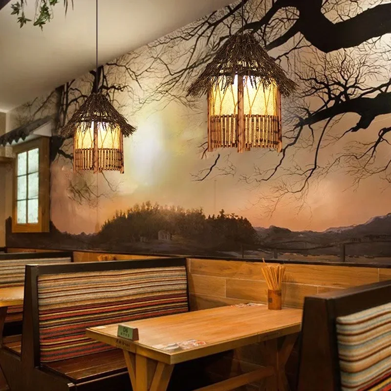 Bamboo art chandelier, lamp, dining room, living room, balcony, aisle, bamboo woven small lantern