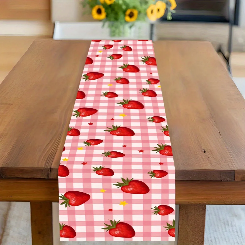 Pink & White Gingham Strawberry Table Runner - Rectangular Table Cover for Banquet, Party Gifts, Dining & Coffee Tables