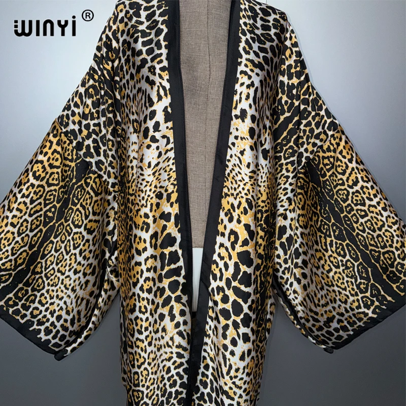 

WINYI leopard print kimono Caftan fashion Cardigan evening dress abaya dubai luxury cover-ups beach outfits women party dress