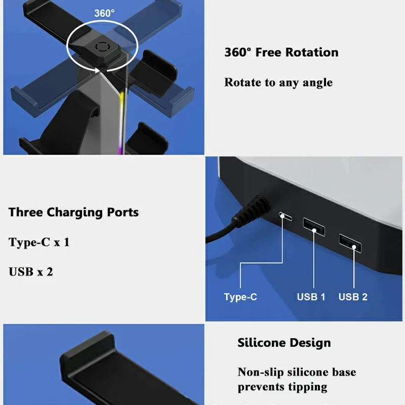 Desktop Display Multi Functional Sturdy Shelf Headphone Gaming Handle Stand RGB Light Music Headset Hanger with Type-C 2USB Port view 3