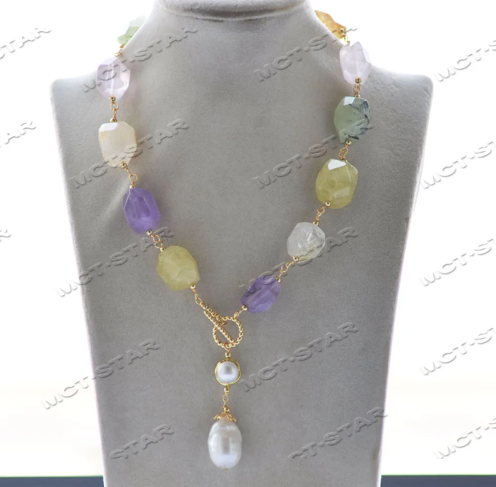 Z12345 18'' 20mm Multicolor Cube Crystal Necklace White Keshi Pearl Pendant