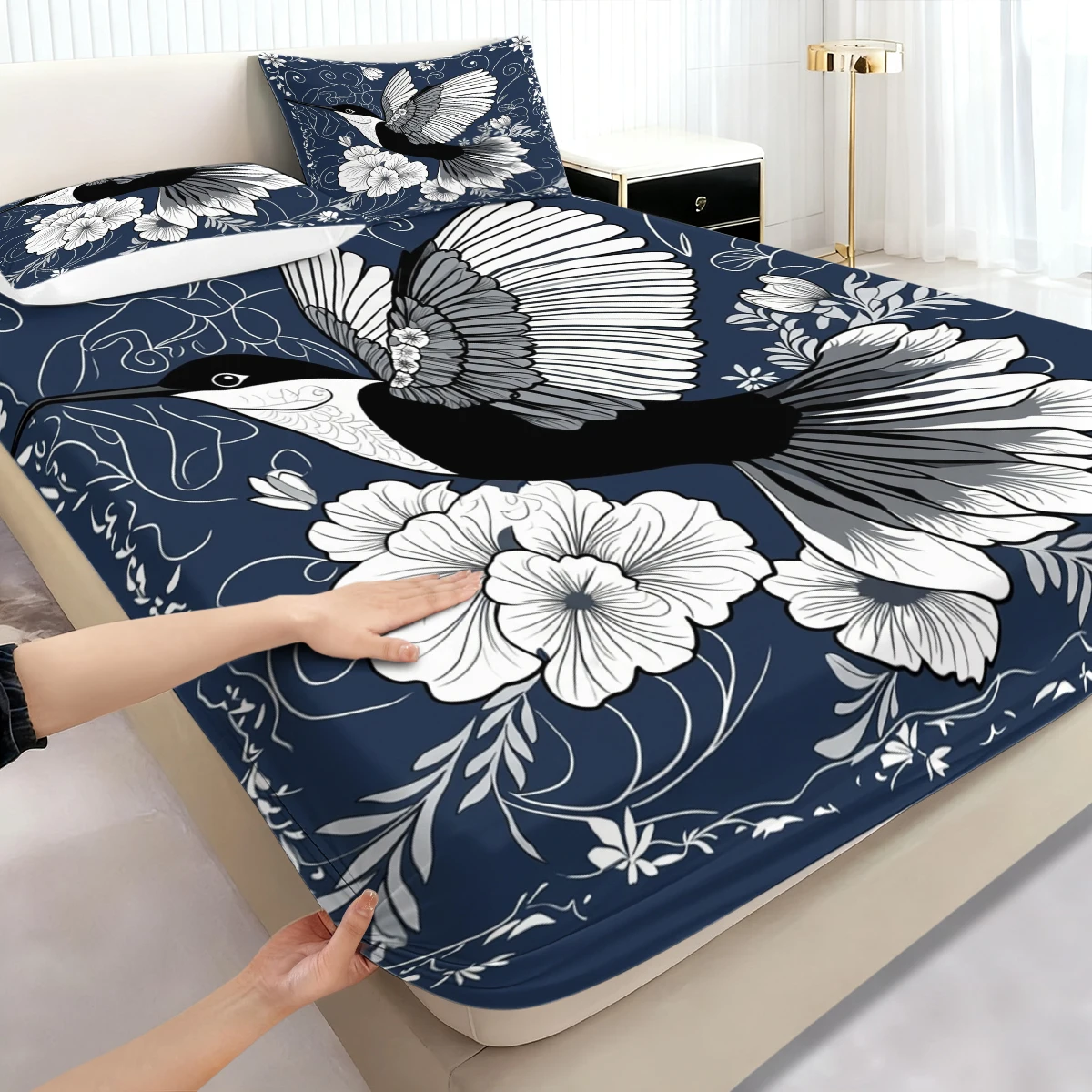 Navy Blue Botanical Hummingbird Fitted Sheet 3PCS, Floral Elastic Mattress Cover with Pillowcases, Vintage Bedroom Bedding