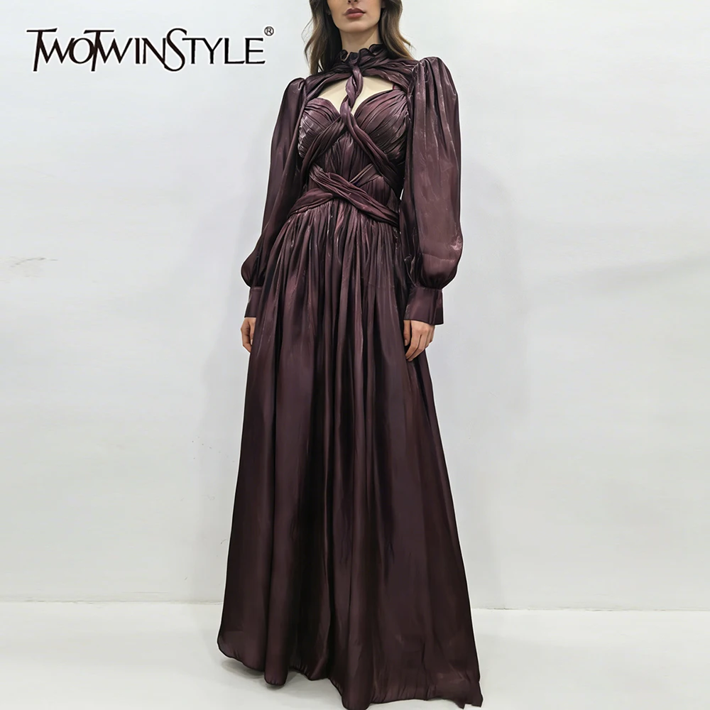 

TWOTWINSTYLE Elegant Slimming Spliced Folds Dresses for Women Stand Neck Long Sleeves Hollow Out Patchwork Strap Dress Female