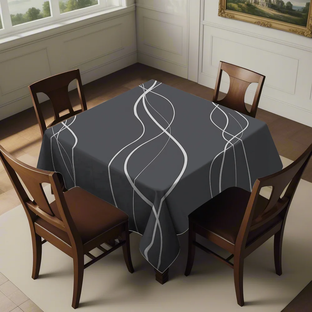 JIT 1pc Digital Printed Square Tablecloth, featuring a modern minimalist style, with dark gray base and white lines woven in.zyc