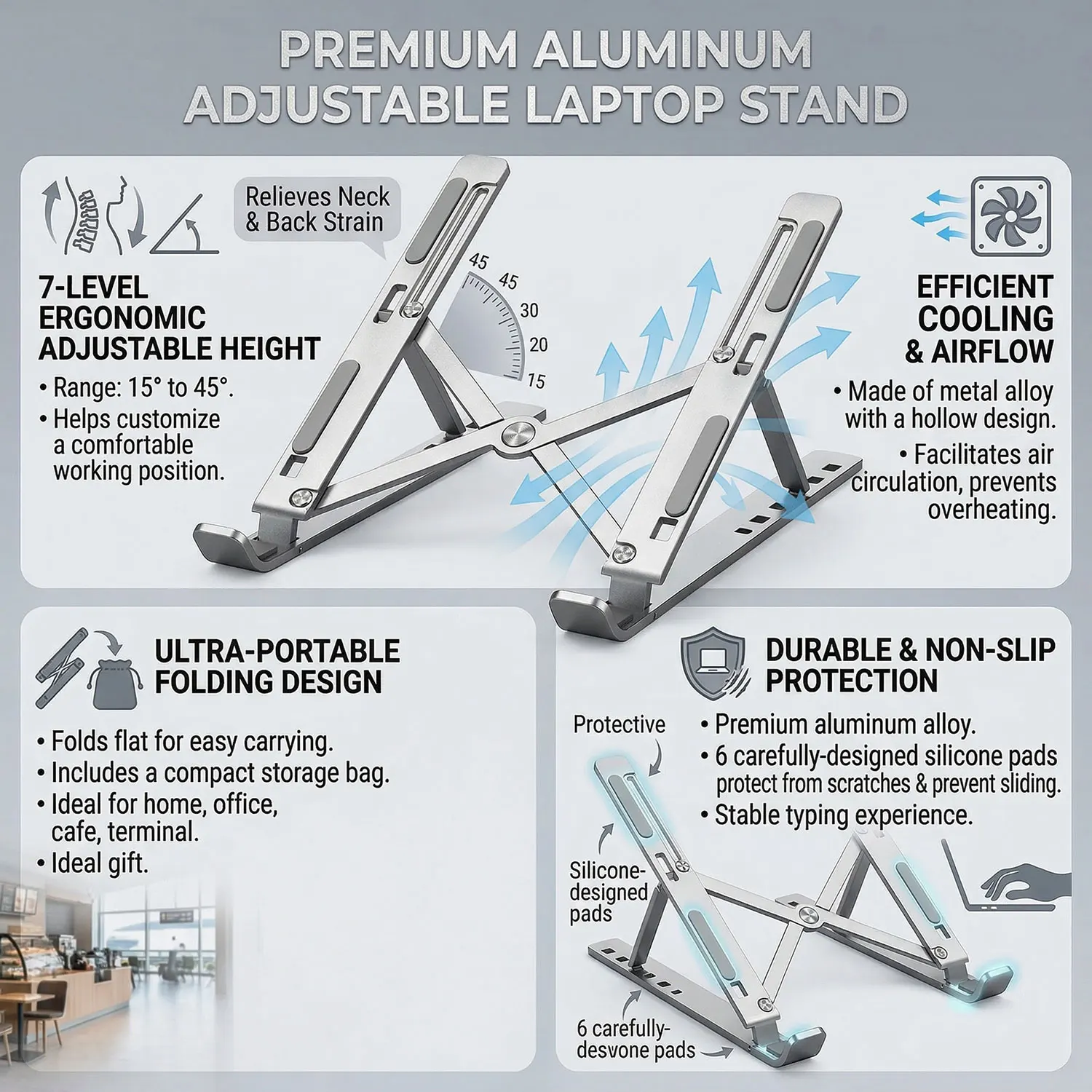 Metal Laptop Holder Stand Adjustable Foldable Portable for Notebook Computer Bracket Lifting Cooling Holder Non-slip