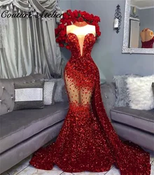 Sparkly Red Sequins Mermaid Prom Dresses 2024 For Black Girls Crystal Rhinestone Evening Dress Homecoming Luxury Customized