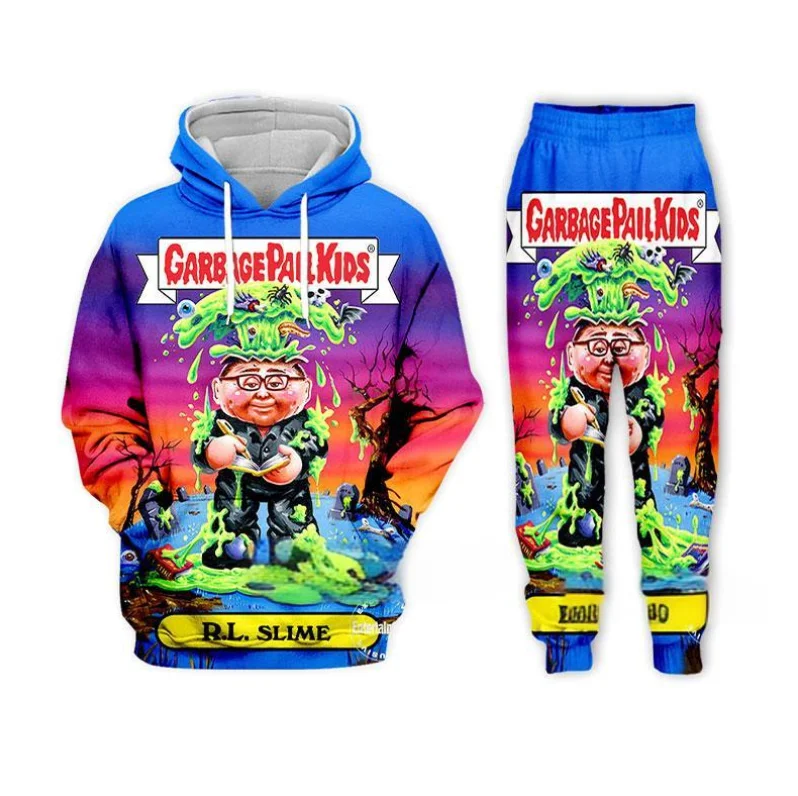 Hot Selling Grappige Cartoon Vuilnisemmer 3d Bedrukte Hoodie Broek Set Trainingspak Heren Hiphop Pak Casual Kids Capuchon Sweatshirts