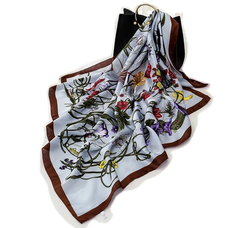 New Fashion Silk Color Flower Square Scarf 90*90cm Women Neck Hair Tie Band Bag Warp Soft Neckerchief Hijab Headscarf Foulard