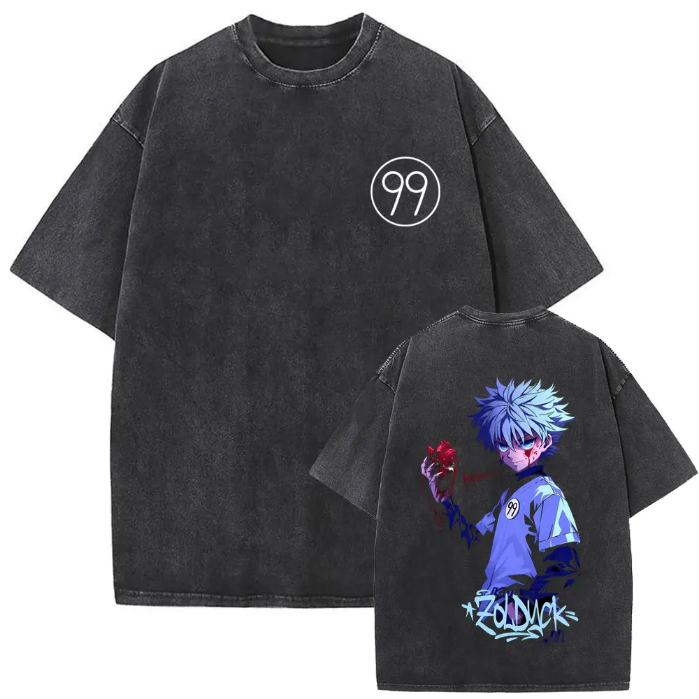 Washed Vintage Anime Hunter X Hunter T-shirt Manga Killua Zoldyck Graphic T-shirts Men Women Retro Cartoon Oversized T Shirts
