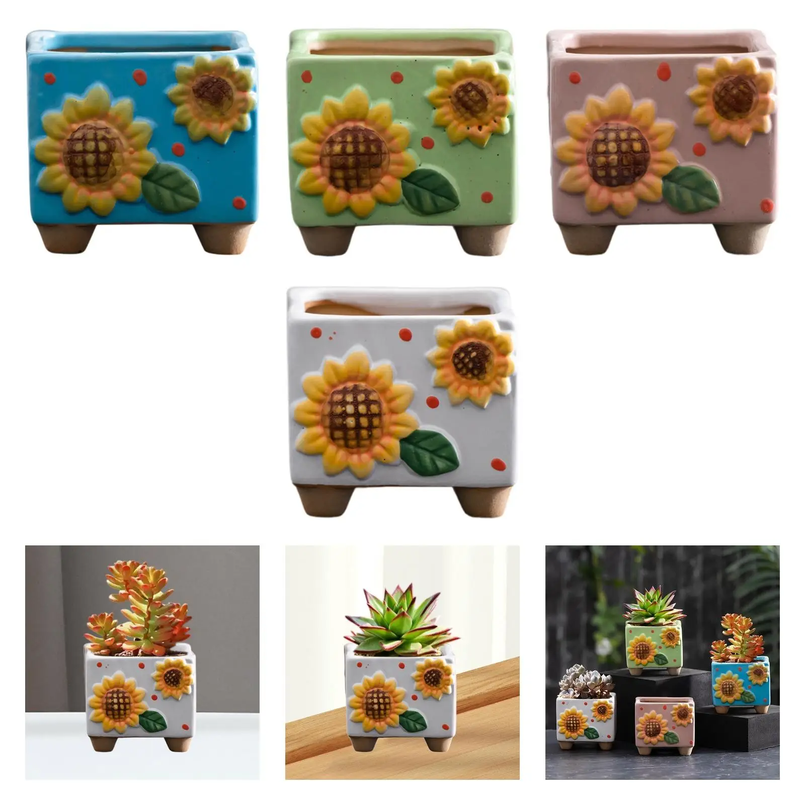 Ceramic Sunflower Planter Small Square Flower Pot for Farmhouse Table Office