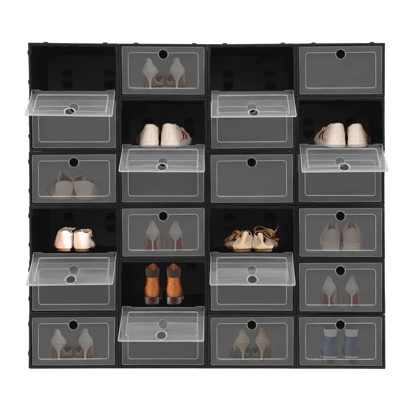 24Pcs Stackable Shoe Storage Box Clear PP Shoe Case Organizer with Snap Design Dustproof Foldable for Home Closet