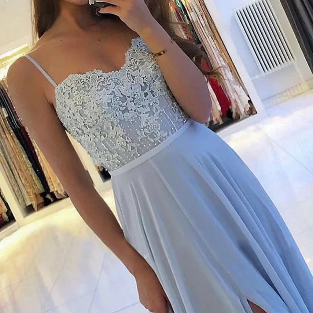 GDYBAO Women‘s Spaghetti Straps Bridesmaid Dresses Long Slit Lace Chiffon Prom Dress Backless Wedding Party Evening Gowns