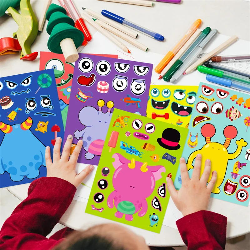 Make a Monster Face Stickers Sheets For Kids 6-24PCS Puzzle Jigsaw Stickers DIY Toys Children Boys Girls Party Games Gifts