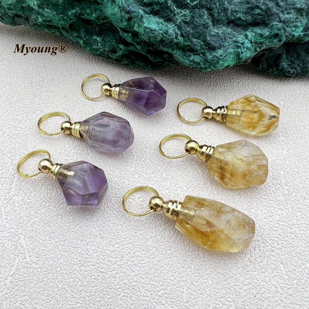 10PCS Natural Crystal Amethysts Citrines Irregular Faceted Nugget Perfume Bottle Pendant Essential Oil Vial Jewelry MY231061