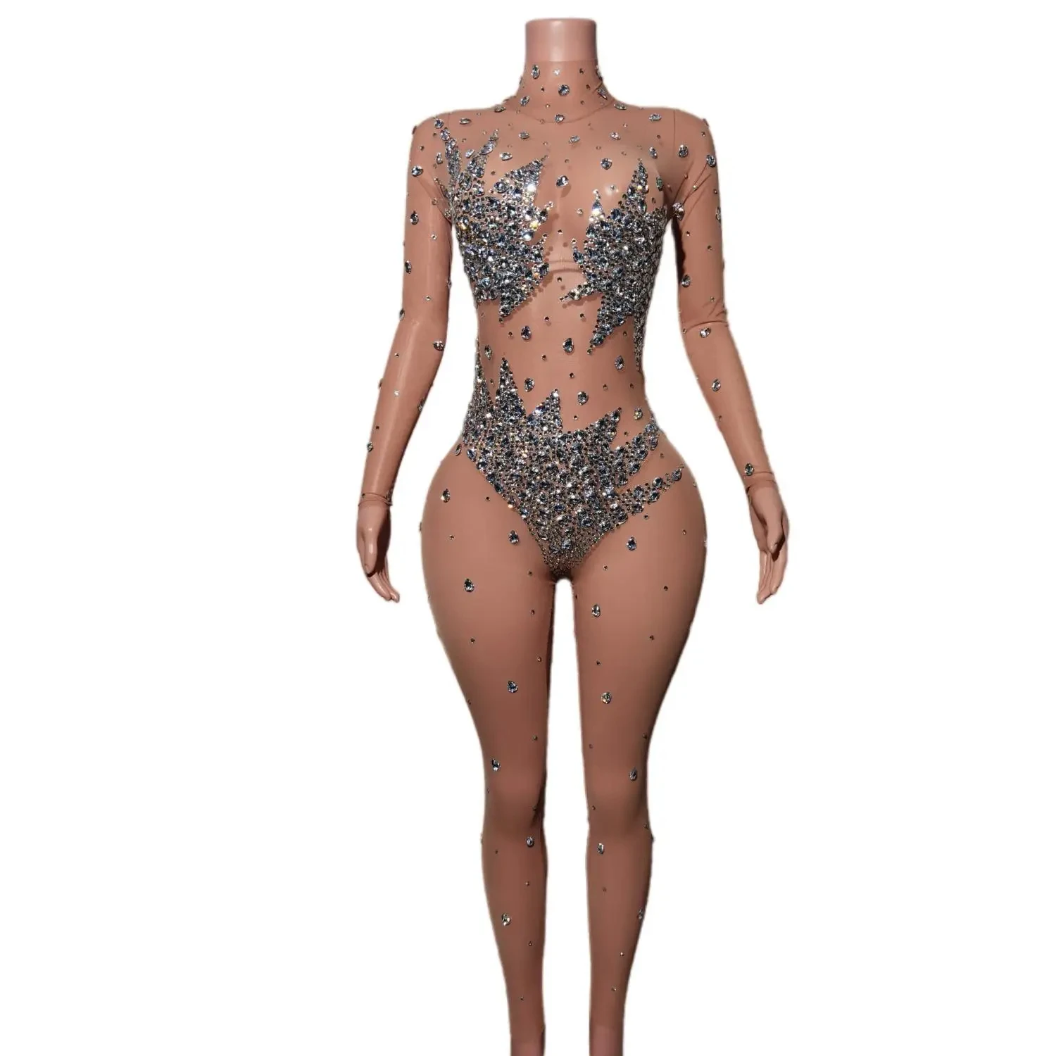 Sexy Pearls Rhinestones Stretch Transparent Jumpsuit Women Evening BirthdayCelebrate Outfit Sexy Dancer Bodysuit Stage Show Wear