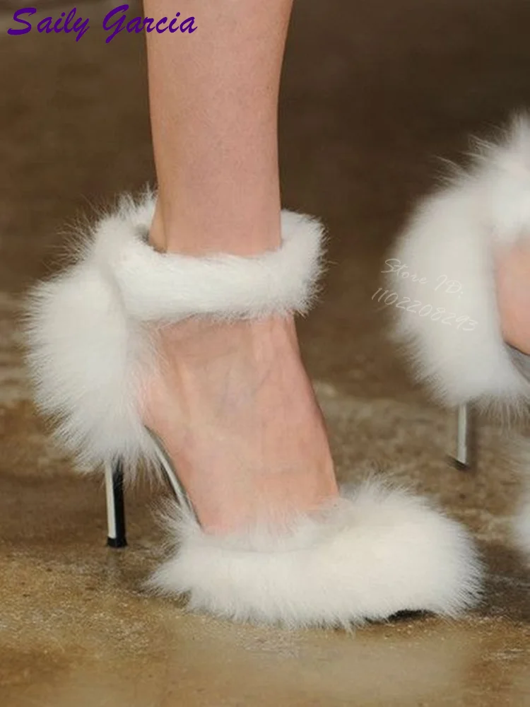 White Fluffy Pointed Toe Pumps Solid Thin Heel Mary Janes Shallow Faux Fur Sweet Dress Shoes 2025 Women New Winter Stilettos