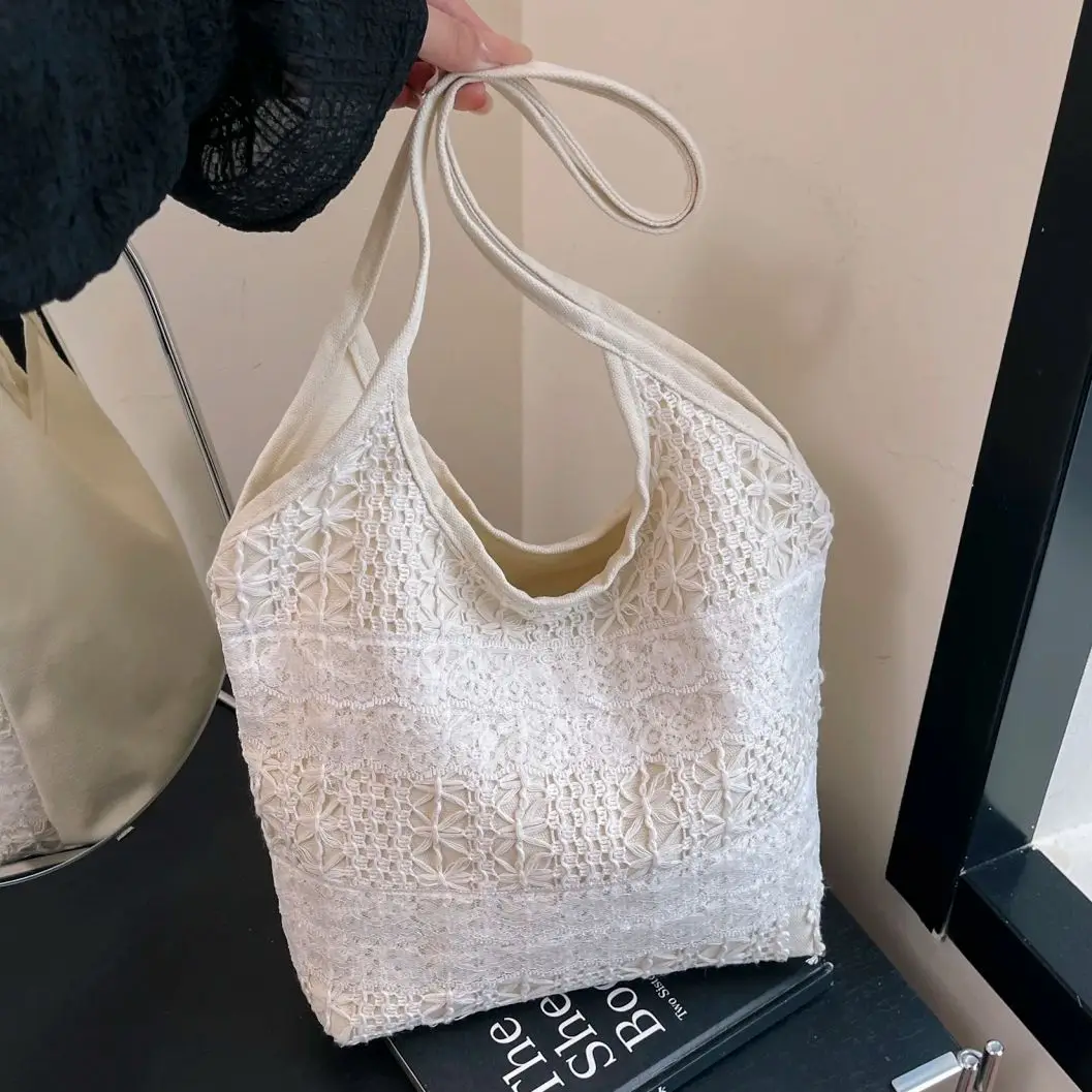 

Zeyph Fresh And Cute Simple Style Lace Stripe Design Handbag Dopamine Style Canvas Bag Large Capacity Shoulder Bag