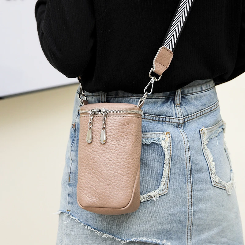 Fashion Wide Strap Shoulder Bag for Women Small Phone Bag Ladies Genuine Leather Crossbody Bags Female Soft Cowhide Wallet
