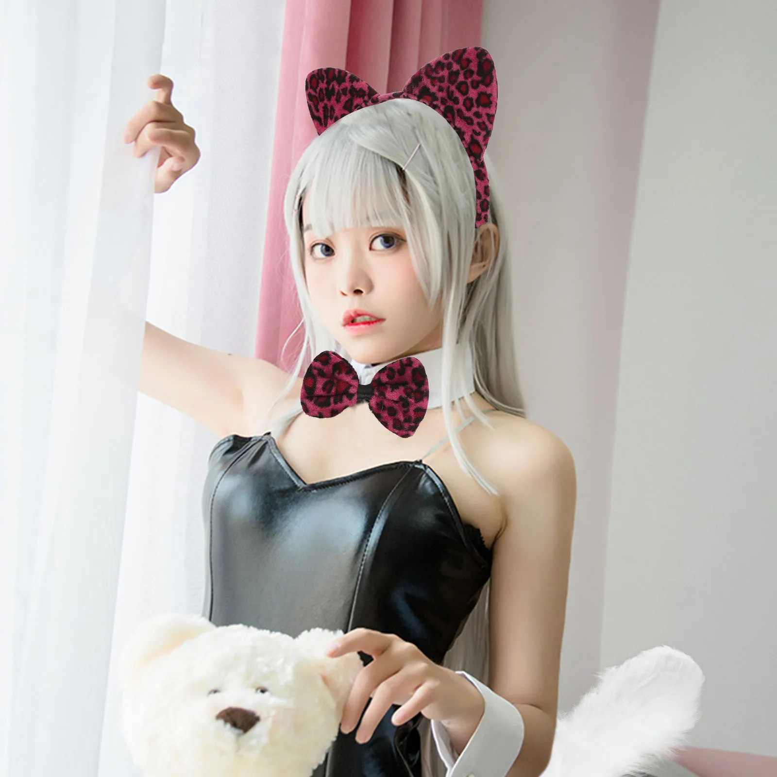3 pièces bandeau de dessin animé nœuds papillon ensemble de queue Costume de Cosplay de fête imprimé léopard accessoire de mascarade d'halloween