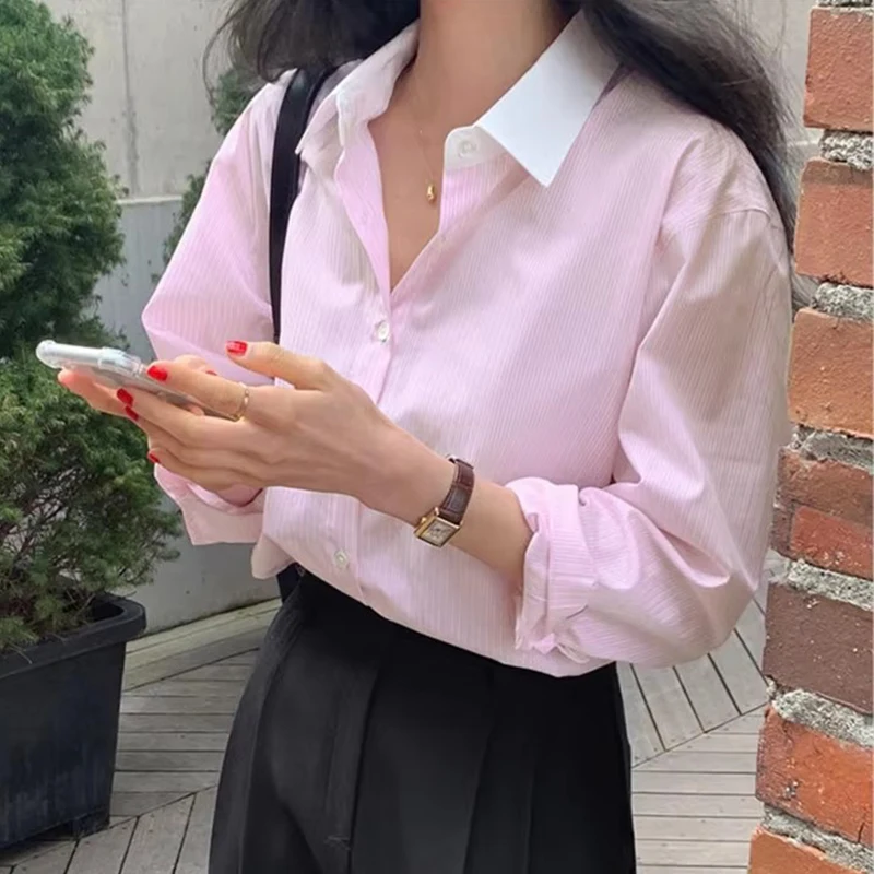 Casual Striped Pink Blue Women Shirt Chic Tops Spring Autumn Long Sleeve Loose Blouses Casual Korean Streetwear blusen damen