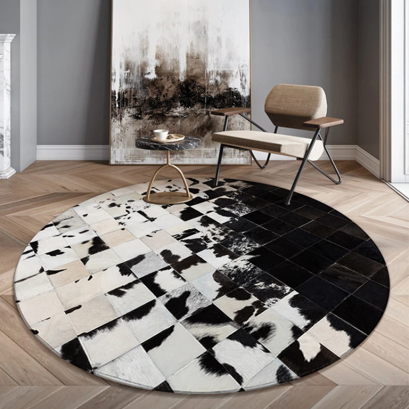 Modern Luxury Black and White Cowhide Mosaic Round Cowhide Rug  Room Tea Table Mat Cloakroom Bedroom Bedside Leather Carpet