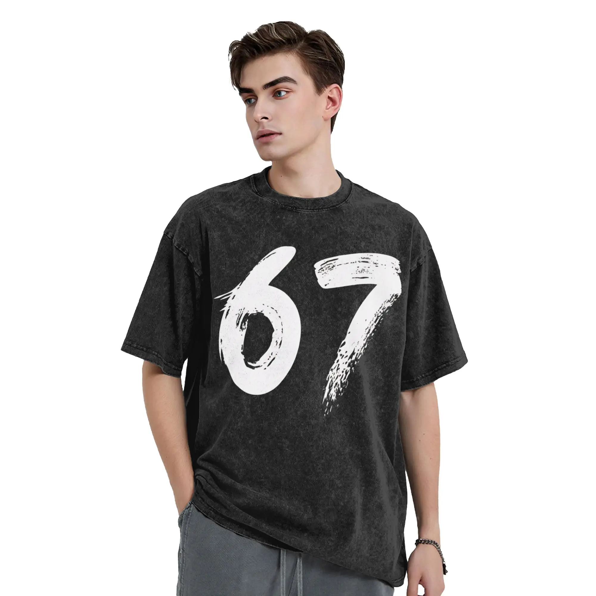 رجل تي شيرت رقم 67 الأبيض غسلها تي شيرت شعبية الشاطئ تي شيرت Y2K مضحك طباعة ملابس قطنية دروبشيبينغ