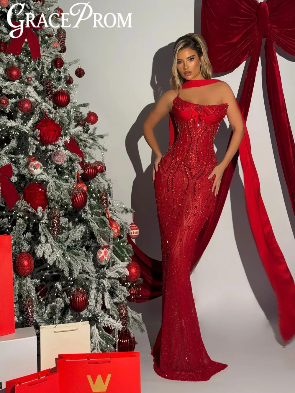 

Красное шикарное кружевное вечернее платье с корсетом, длинное свадебное платье русалки, гламурные платья для выпускного вечера без бретелек по индивидуальному заказу