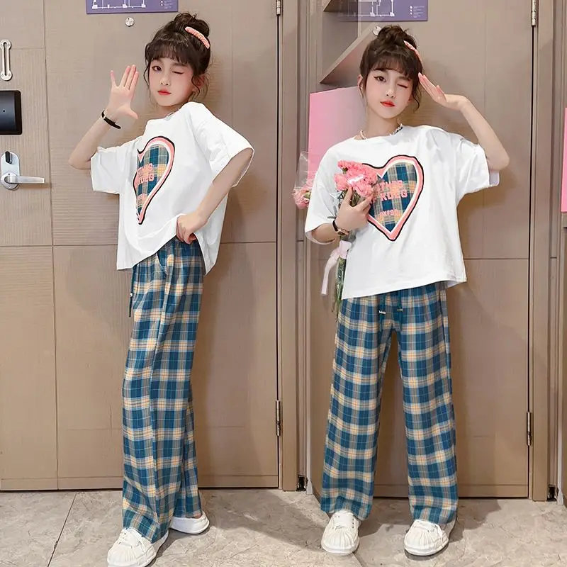 Summer Children Girls Clothes Set Teenage Plaid Tshirts and Pants 2 Pieces Suit Fashion Sweet Heart Print Top Bottom Outfits